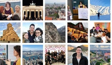 Collage of photos of UT Fulbright recipients and cities abroad