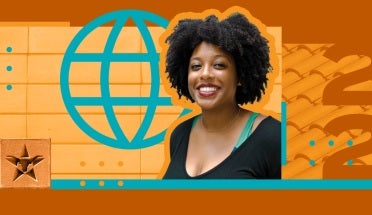 timia smiles with a graphic of a globe and 2020 next to her