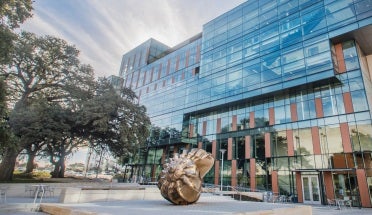 large glass building against cloudy blue sky and small shell statue in front with trees to left 