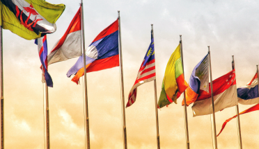 11 flags blowing in the wind at sunset 