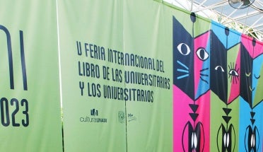 Banners at FILUNI 2023 book festival and conference in Mexico City