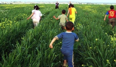 Children run thru a green field toward a Peace Corps Volunteer in the distance